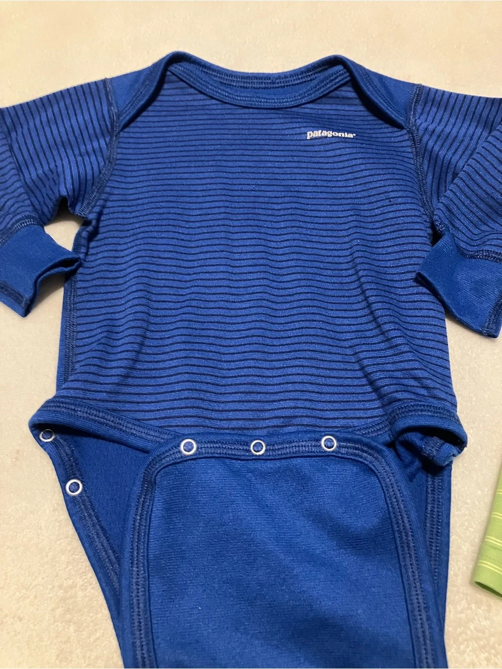 Patagonia Navy Blue Baby Bodysuit & Light Green Striped Pants Set